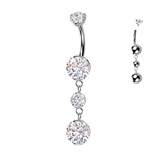 Double Prong Set CZ Gem with 2 Prong Set Dangle Navel Barbells